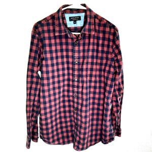 Banana Republic L Shirt Mens Slim Fit Soft Wash Red Navy Plaid Stretch Cotton